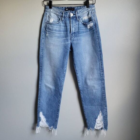 3X1 NYC Women’s 24 Blue Denim Button Fly Distressed Cropped Jeans Made in USA - Picture 1 of 10